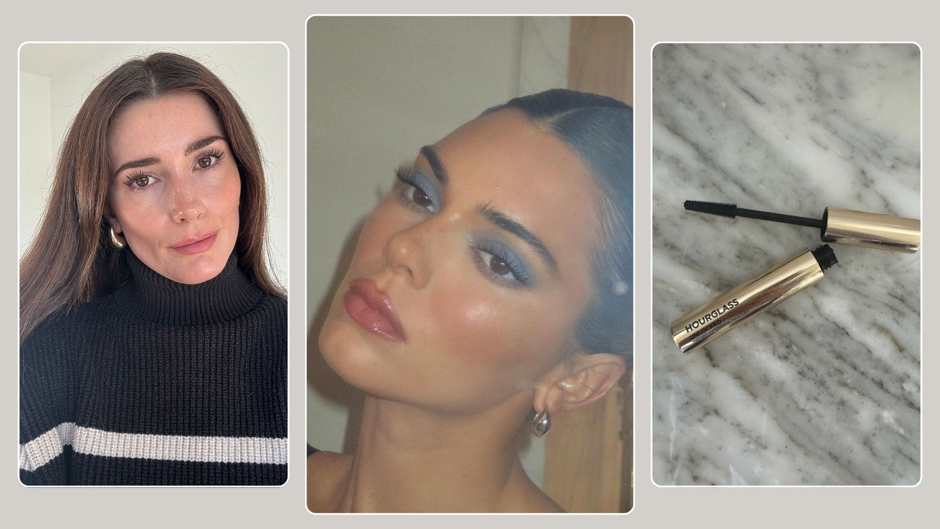A collage with Eleanor wearing mascara, a close-up of Kendall Jenner wearing blue eyeshadow and a picture of the Hourglass Extension mascara