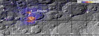Data gathered by NASA's Dawn spacecraft show a region around Ceres' Ernutet crater where organic concentrations have been discovered (labeled "a" through "f"). The color coding shows the strength of the organics' absorption band, with warmer colors indicating the highest concentrations.