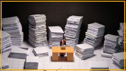 A miniature shows a woman sitting behind a desk with piles of paper around her