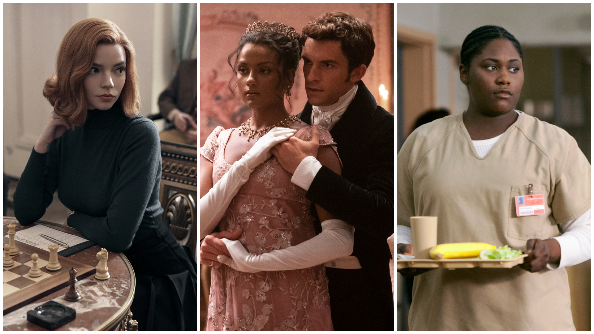 A split image of Anya Taylor-Joy in 'The Queen's Gambit,' Simone Ashley and Jonathan Bailey in 'Bridgerton,' and Danielle Brooks in 'Orange Is The New Black'