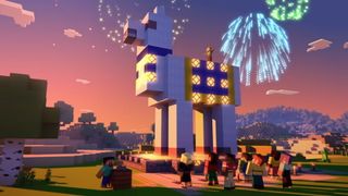 Minecraft Realms - various Minecraft characters worship or celebrate a giant Llama