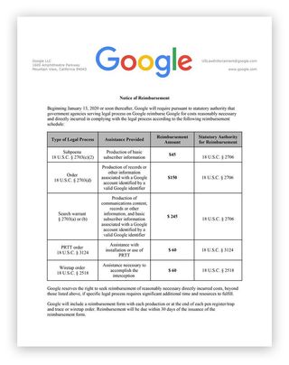 Google charge sheet for law enforcement