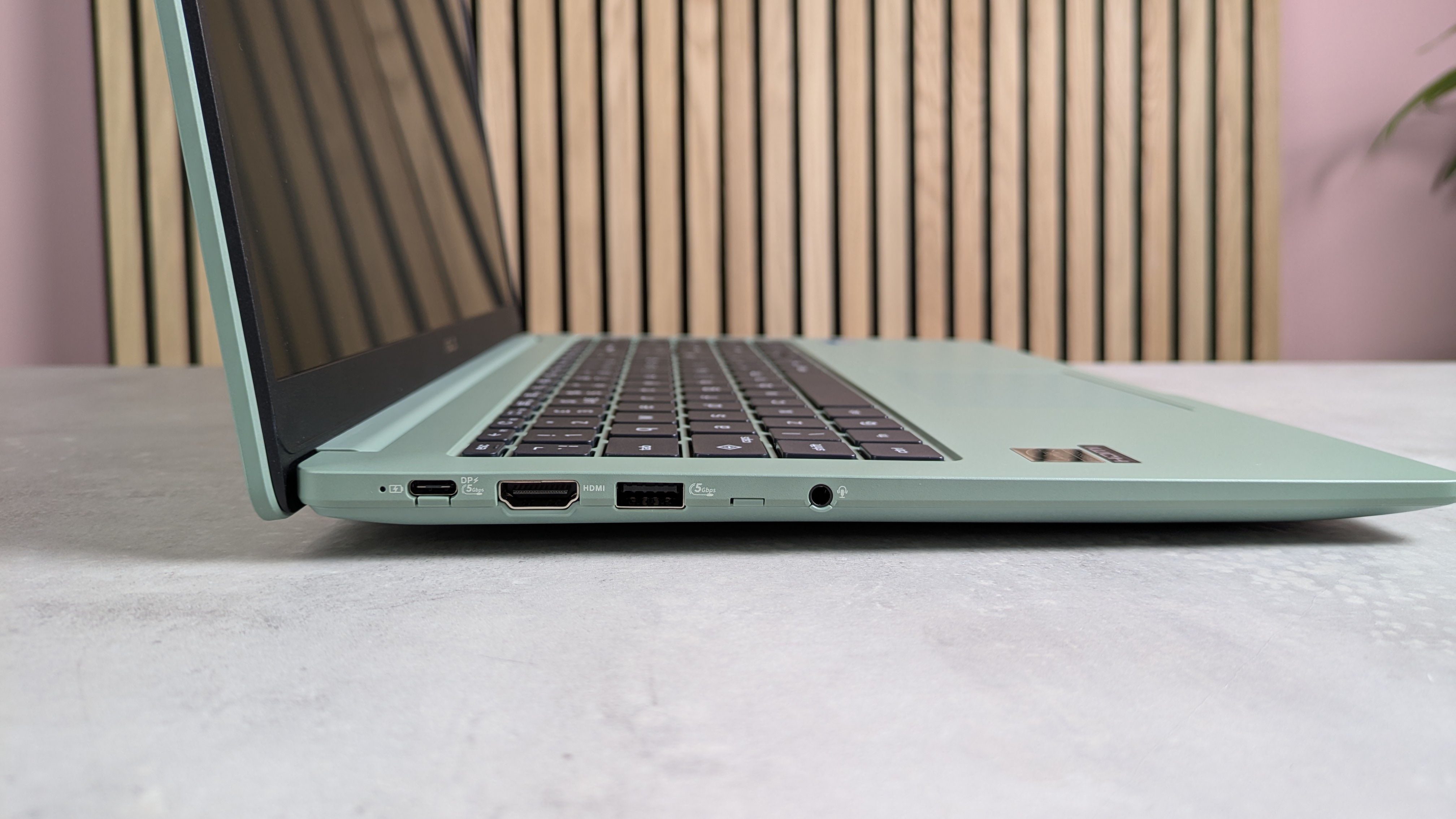 Close-up of ports on ASUS Chromebook CX15, open on desk with wooden panels, pink wall, and plant in background
