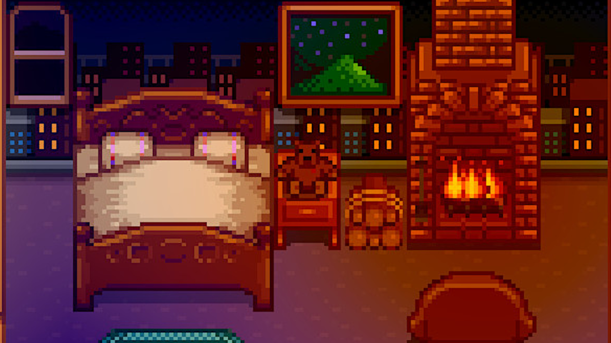 A picture of a cosy bedroom in Stardew Valley, complete with a plushie who is NOT in bed like they are supposed to be.