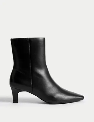 Leather Kitten Heel Chisel Toe Ankle Boots