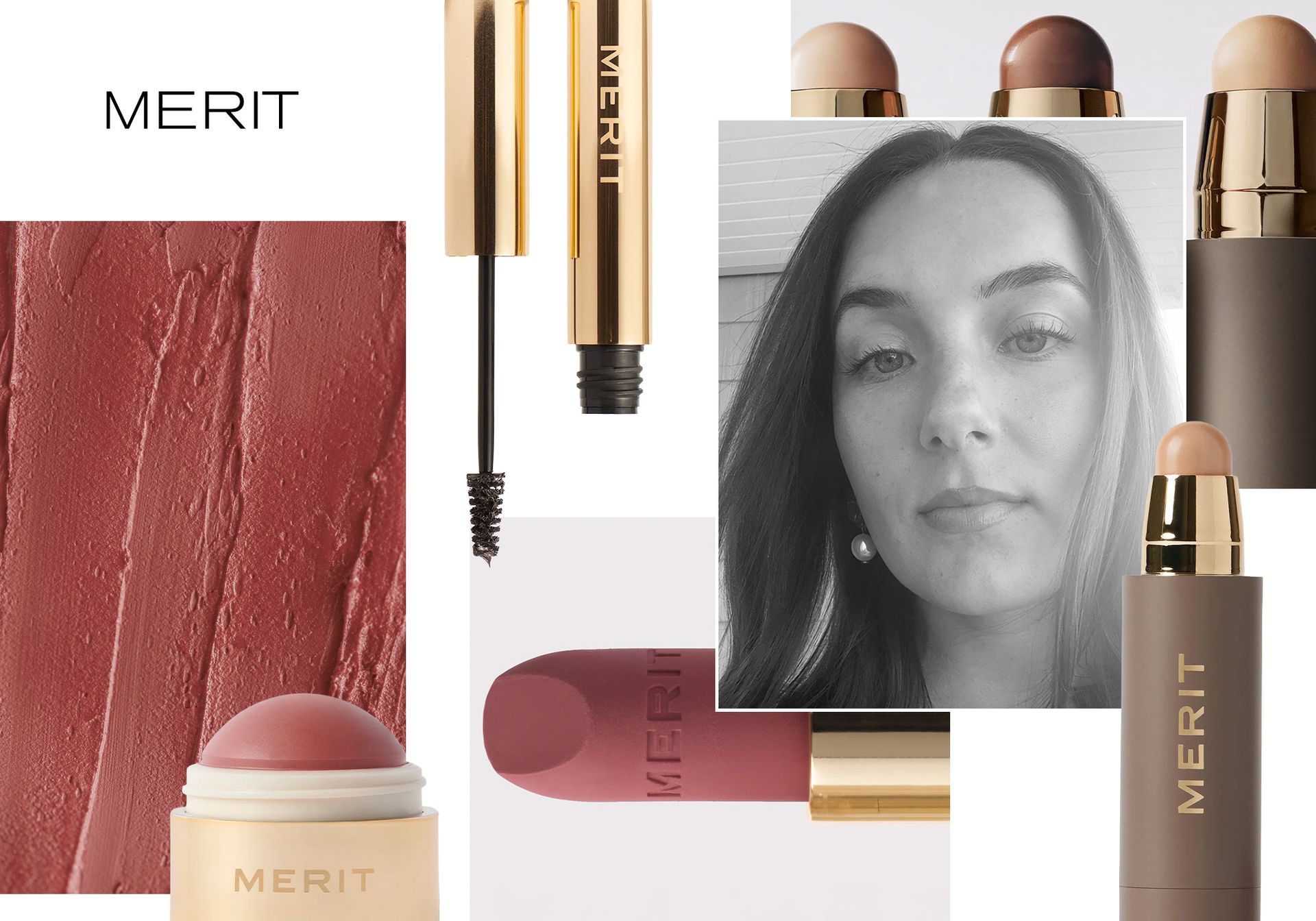 collage of beauty products and editor headshots