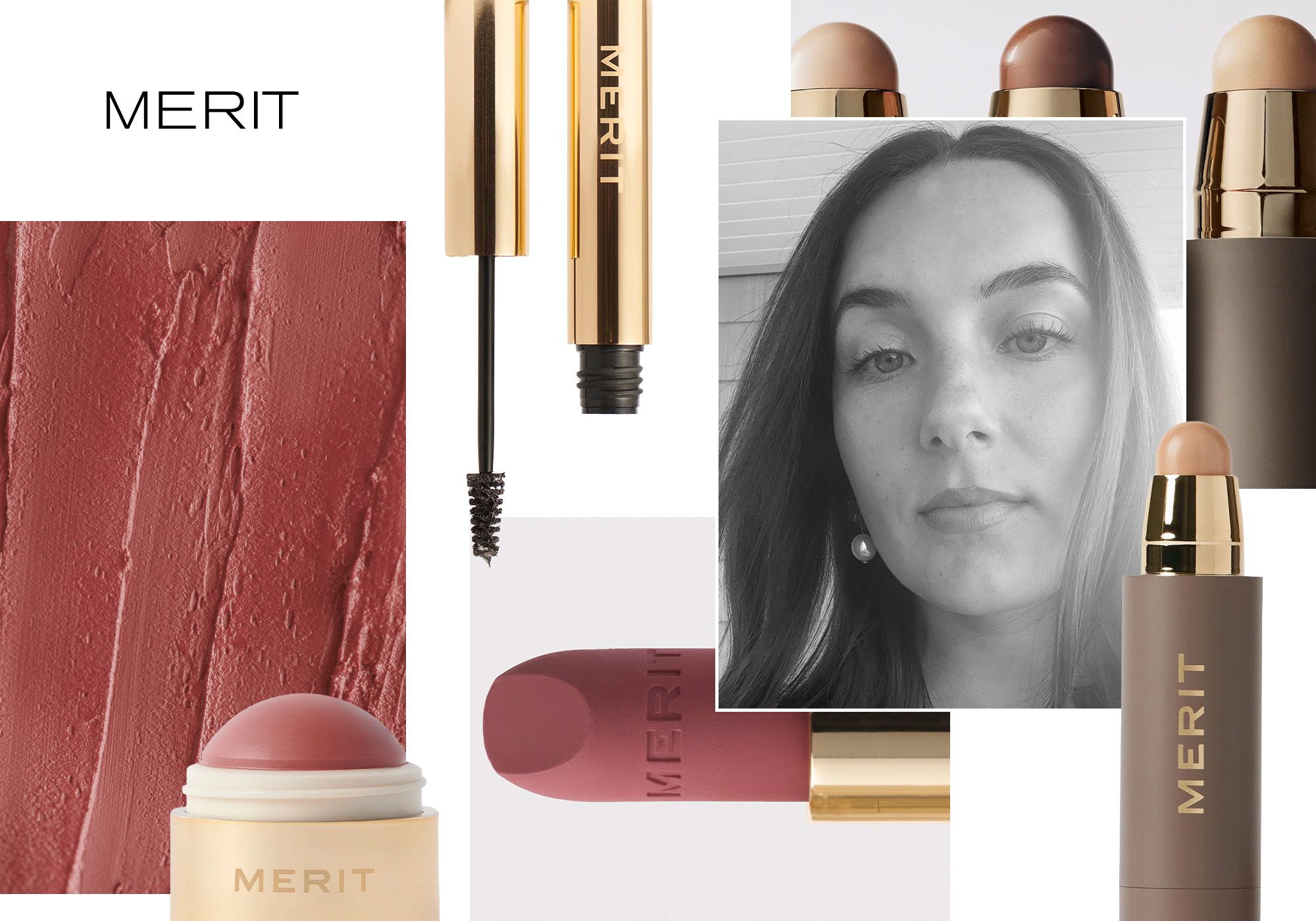 collage of beauty products and editor headshots