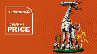 The Lego Tallneck on an Orange background next to a sign saying "Lowest Price."