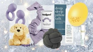 A collage of Christmas gifts for better sleep this Black Friday. The products are on a frosty winter background.