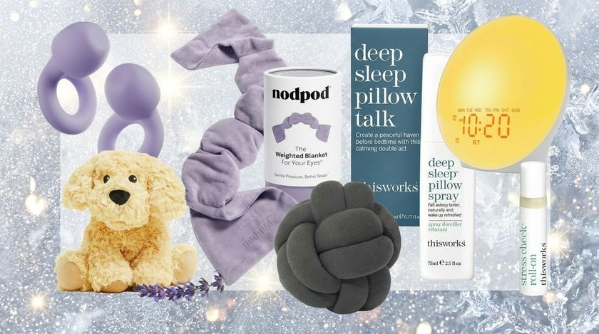 A collage of Christmas gifts for better sleep this Black Friday. The products are on a frosty winter background. 