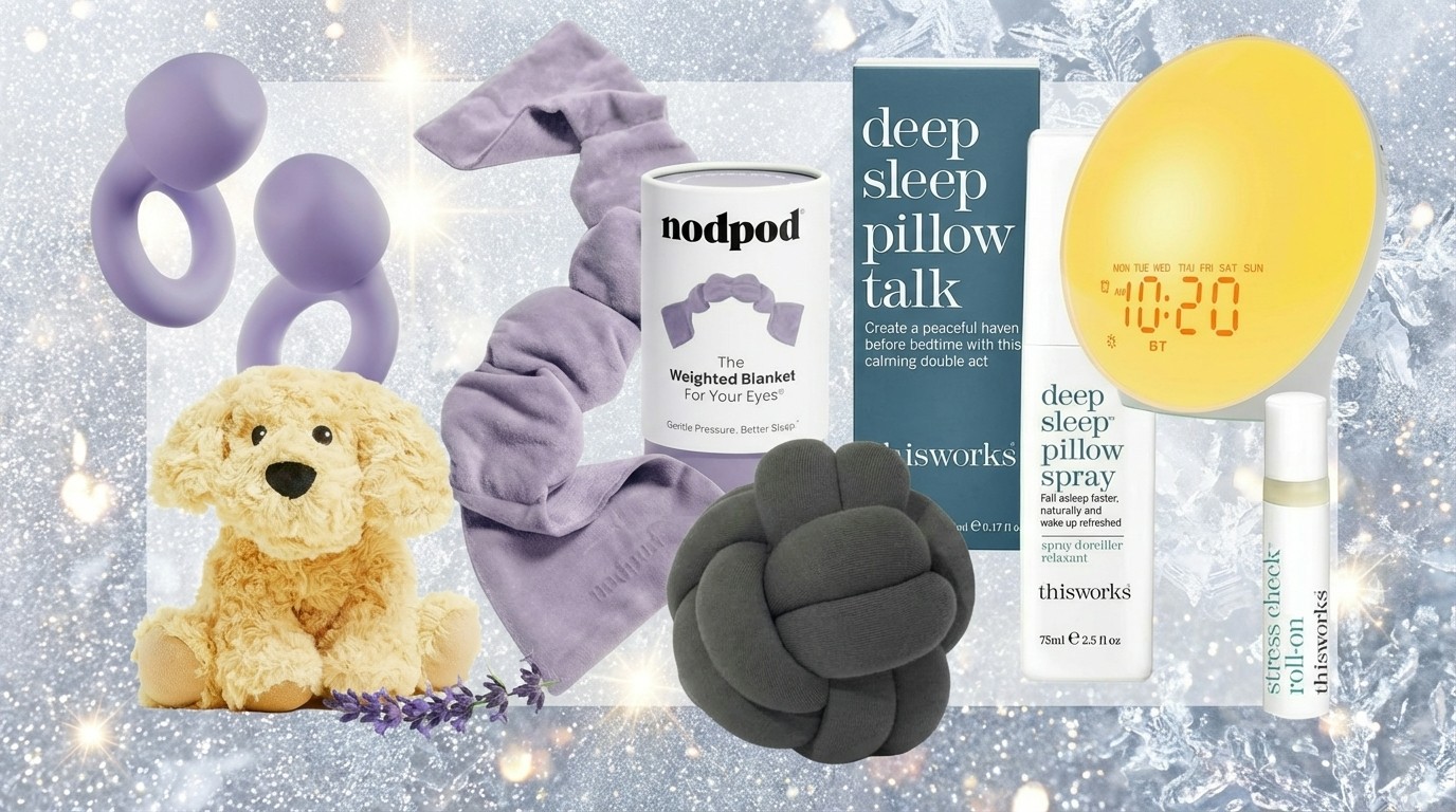 A collage of Christmas gifts for better sleep this Black Friday. The products are on a frosty winter background. 