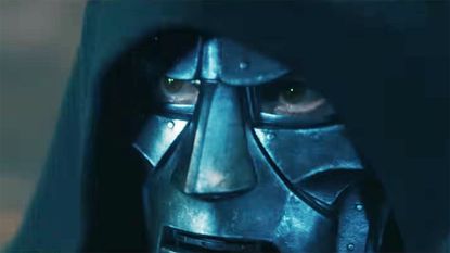A close up of Robert Downey Jr's Doctor Doom with his hood up and wearing his metal mask in Avengers: Doomsday