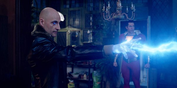 Shazam Mark Strong lightning zaps something in front of Zachary Levi