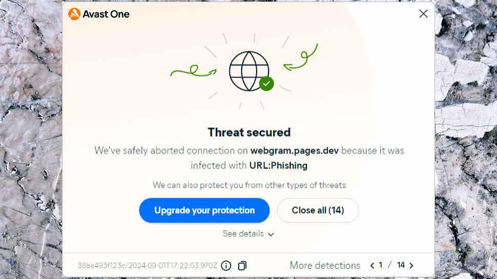 Alerta de phishing para Avast One Essential