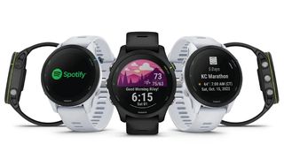 Five Garmin Forerunner smartwatches at various angles