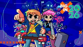 Key art for Scott Pilgrim EX showing Scott and Ramona ready for action in front of a montage of enemies and other characters, with the Big in 2026 GamesRadar+ frame