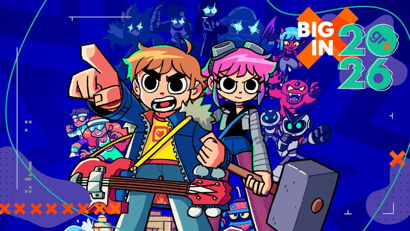 Key art for Scott Pilgrim EX showing Scott and Ramona ready for action in front of a montage of enemies and other characters, with the Big in 2026 GamesRadar+ frame