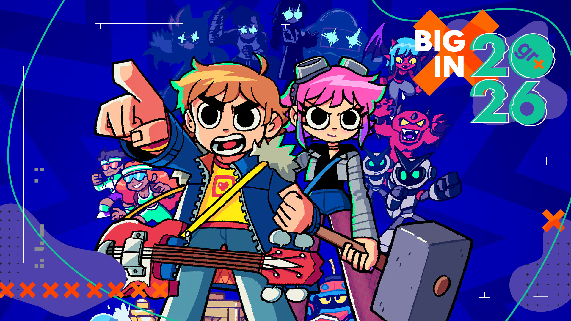 Key art for Scott Pilgrim EX showing Scott and Ramona ready for action in front of a montage of enemies and other characters, with the Big in 2026 GamesRadar+ frame