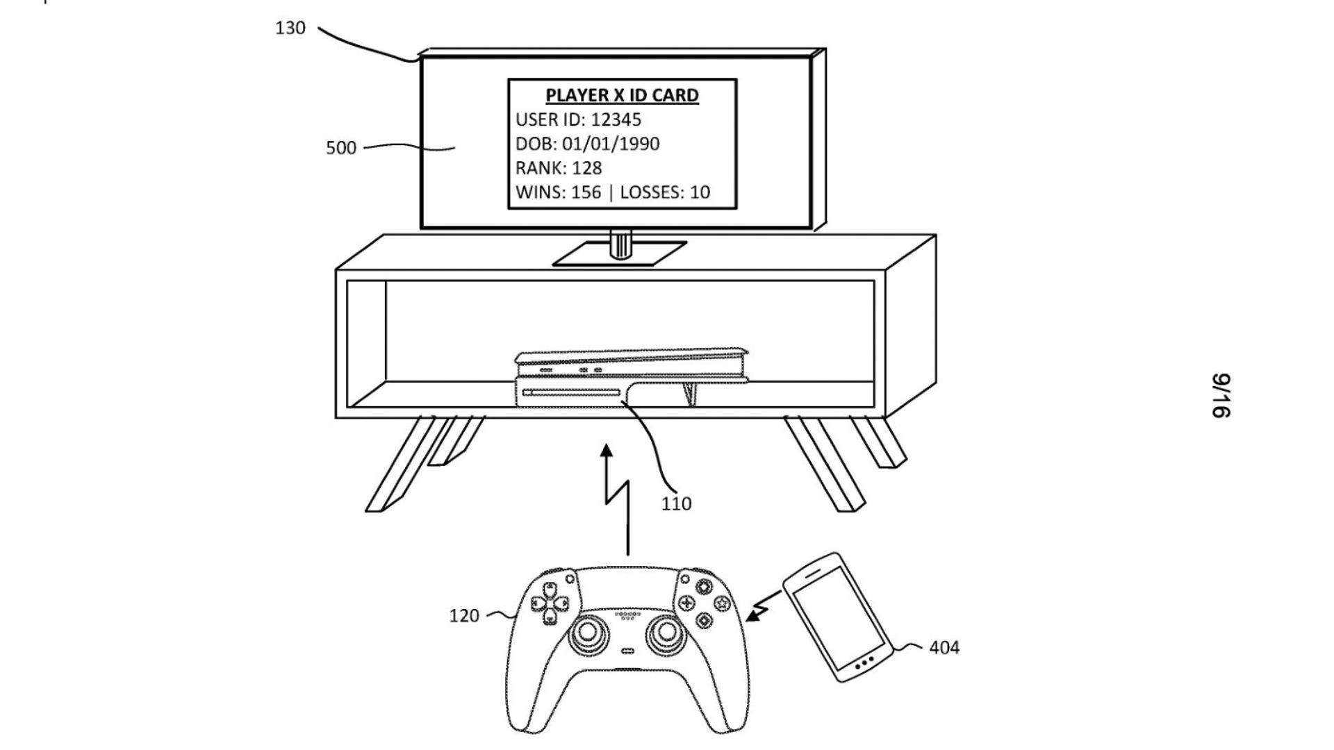 An illustration from Sony's patent showing a phone being used to tap a controller to transfer player details to the console