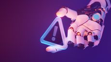 digital image of a robot hand holding a purple caution sign to warn about AI risks with blue-purple background