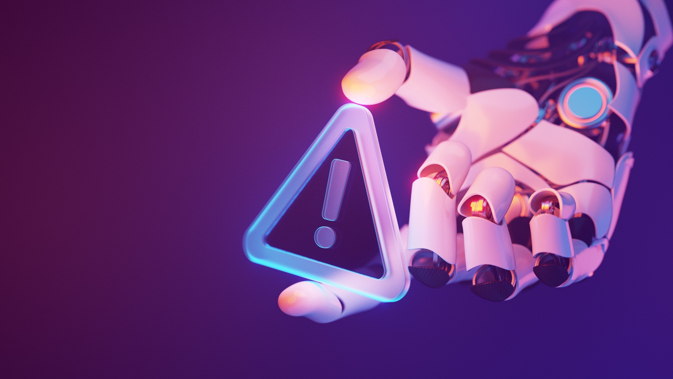 digital image of a robot hand holding a purple caution sign to warn about AI risks with blue-purple background