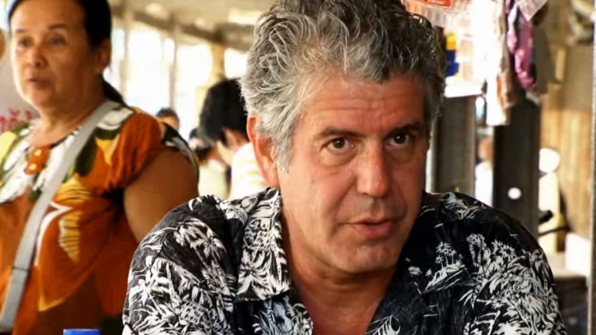 Anthony Bourdain in an aloha shirt in an episode of No Reservations. 