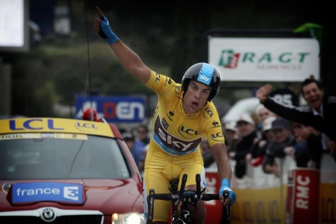 Richie Porte (Sky) celebrates victory in the final time trial and overall at Paris-Nice.