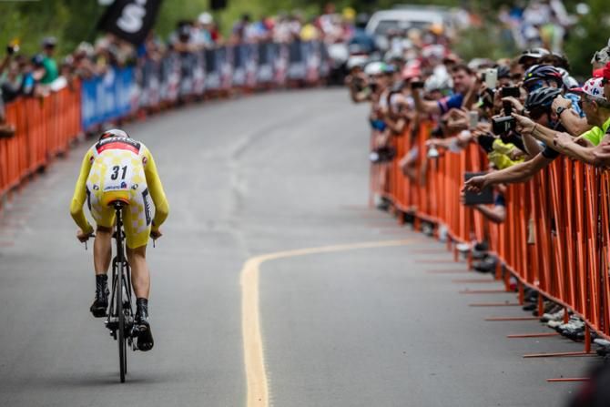 Tejay van Garderen (BMC) enters the finish chute on the way to his win.