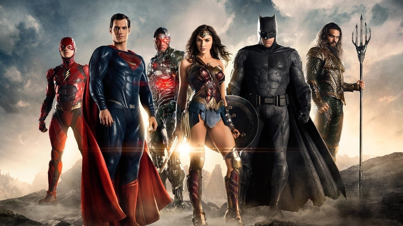A group shot of the main Justice League members for the similarly titled Warner Bros. DCEU film