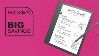 The Kindle Scribe with Basic Pen on a pink background with a deals badge for big savings