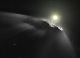 An artist's illustration of the interstellar object 'Oumuamua, which appears to be outgassing material. Scientists now suspect it is a comet after all, and not an asteroid.