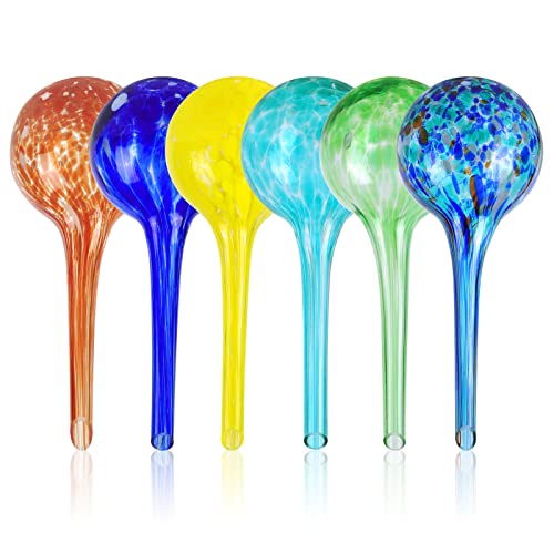 Amfun 6 Pcs Plant Watering Globes Stakes, Self Watering Feeding System, Hand-Blown Colorful Glass Plant Watering Devices, Automatic Waterers Aqua Ball Drip Feeders Ideal Watering Bulbs for Planters