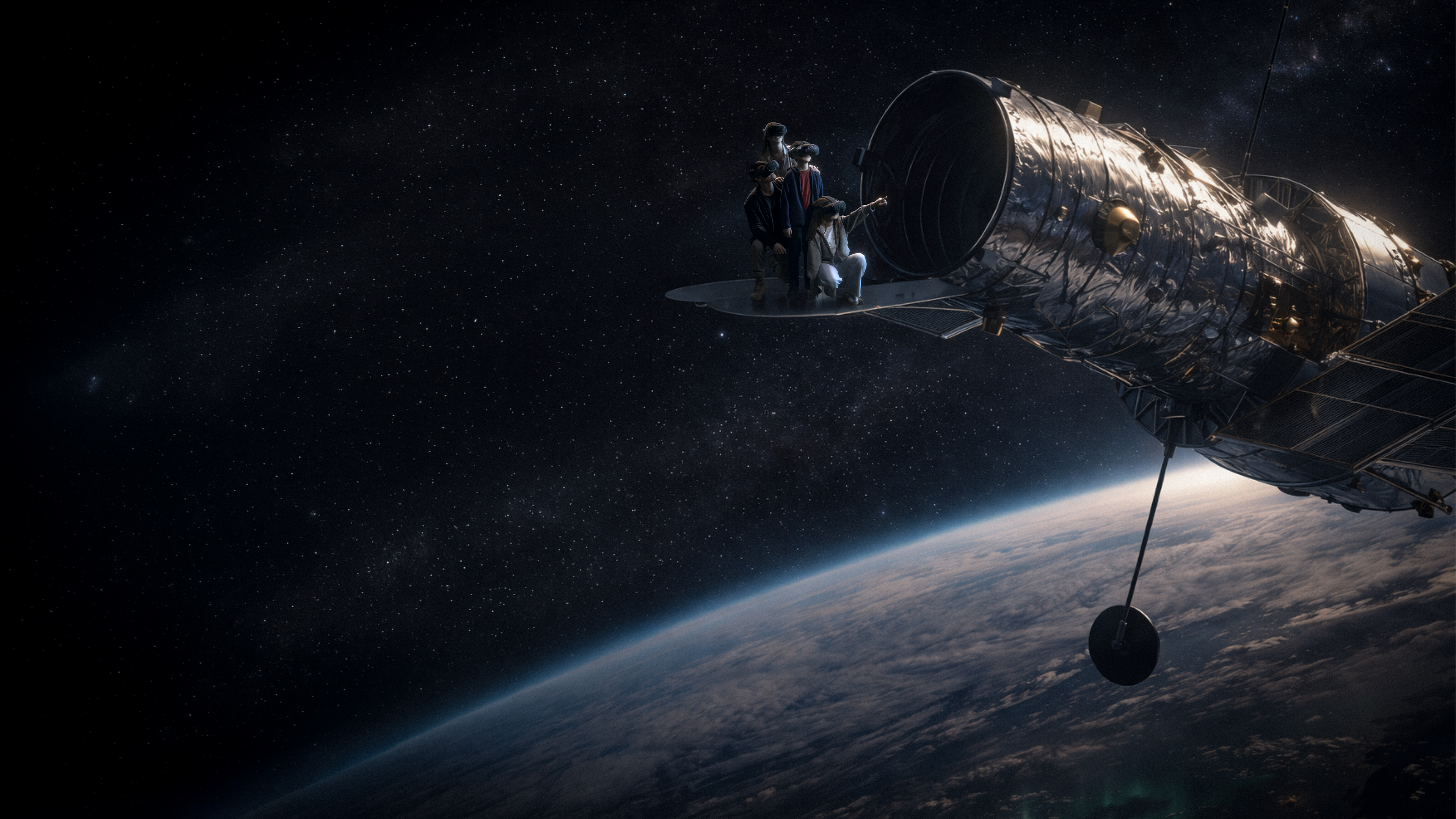 London Science Museum space experience, people standing in a satellite above Earth