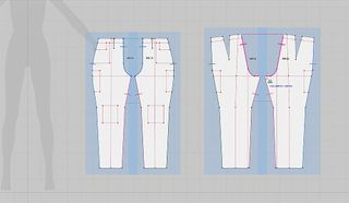 The small dash that crosses a line shows that this garment line is sewn to another line. The two similar lines in colour indicate that these two lines are sewn together