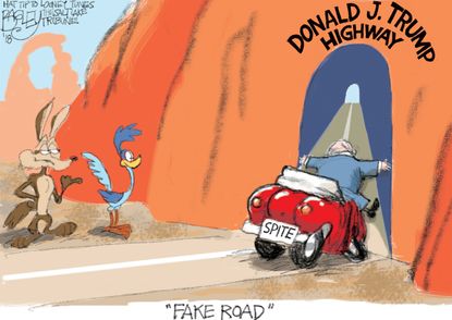 Political cartoon U.S. Gateway Tunnel Wile E. Coyote the Road Runner