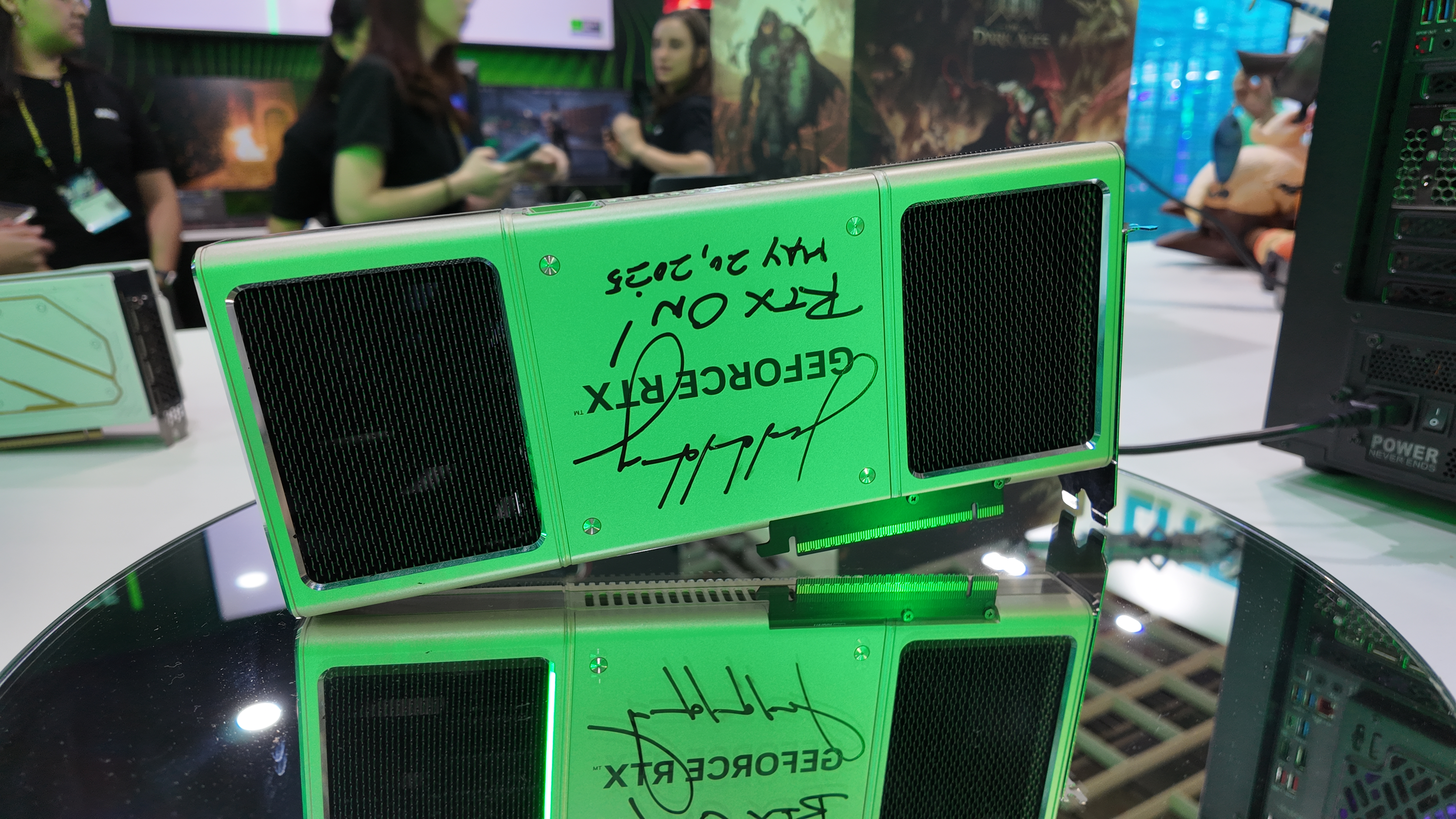 Palit RTX 5090 Tornado graphics card that's signed by Jensen Huang on the Computex 2025 show floor