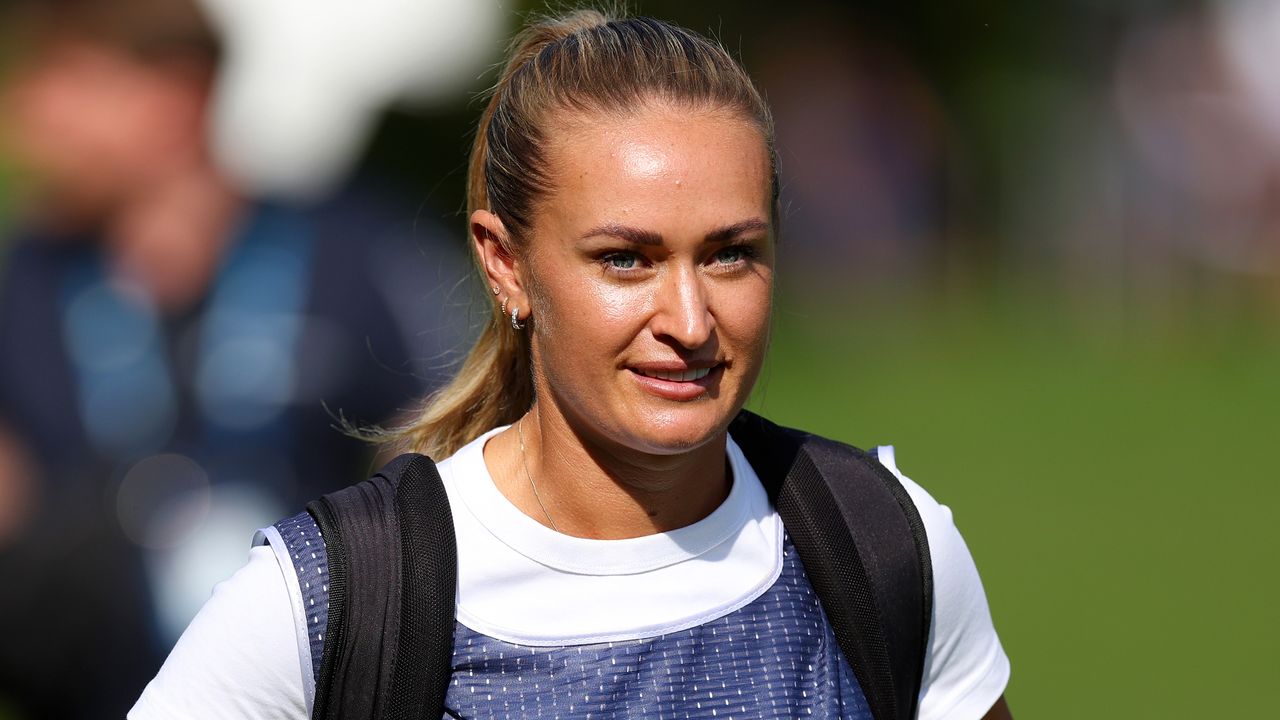 Amy Boulden carries Olivia Cowan&#039;s bag at the BMW PGA Championship pro-am 2024