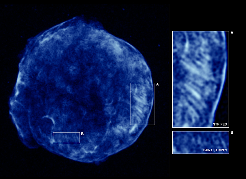 This Chandra image shows the higher energy X-rays detected from the Tycho supernova remnant. These X-rays show the expanding blast wave from the supernova, a shell of extremely energetic electrons. Close-ups of two different regions are shown, region A containing the brightest stripes of tangled magnetic fields and region B with fainter stripes.