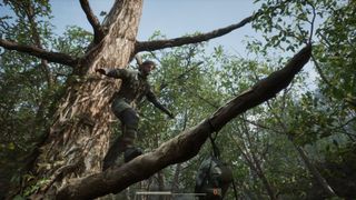 Naked Snake balancing on a tree branch in Metal Gear Solid Delta: Snake Eater