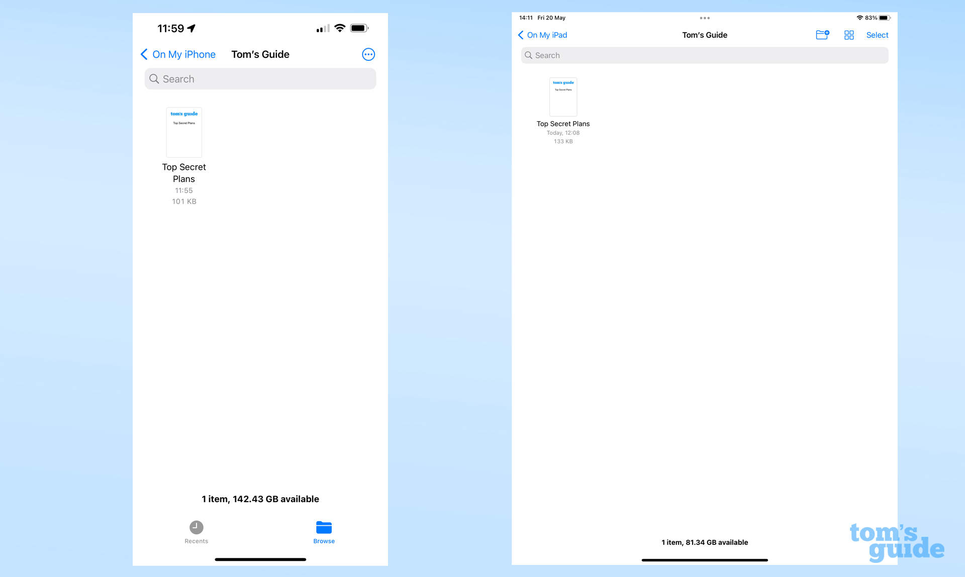 A screenshot from an iPhone and an iPad side-by-side, showing the iOS Files app
