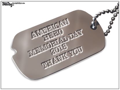 Editorial cartoon US Memorial day veterans war dog tag thank you