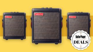 3x Positive Grid Spark Mini amps on a yellow background