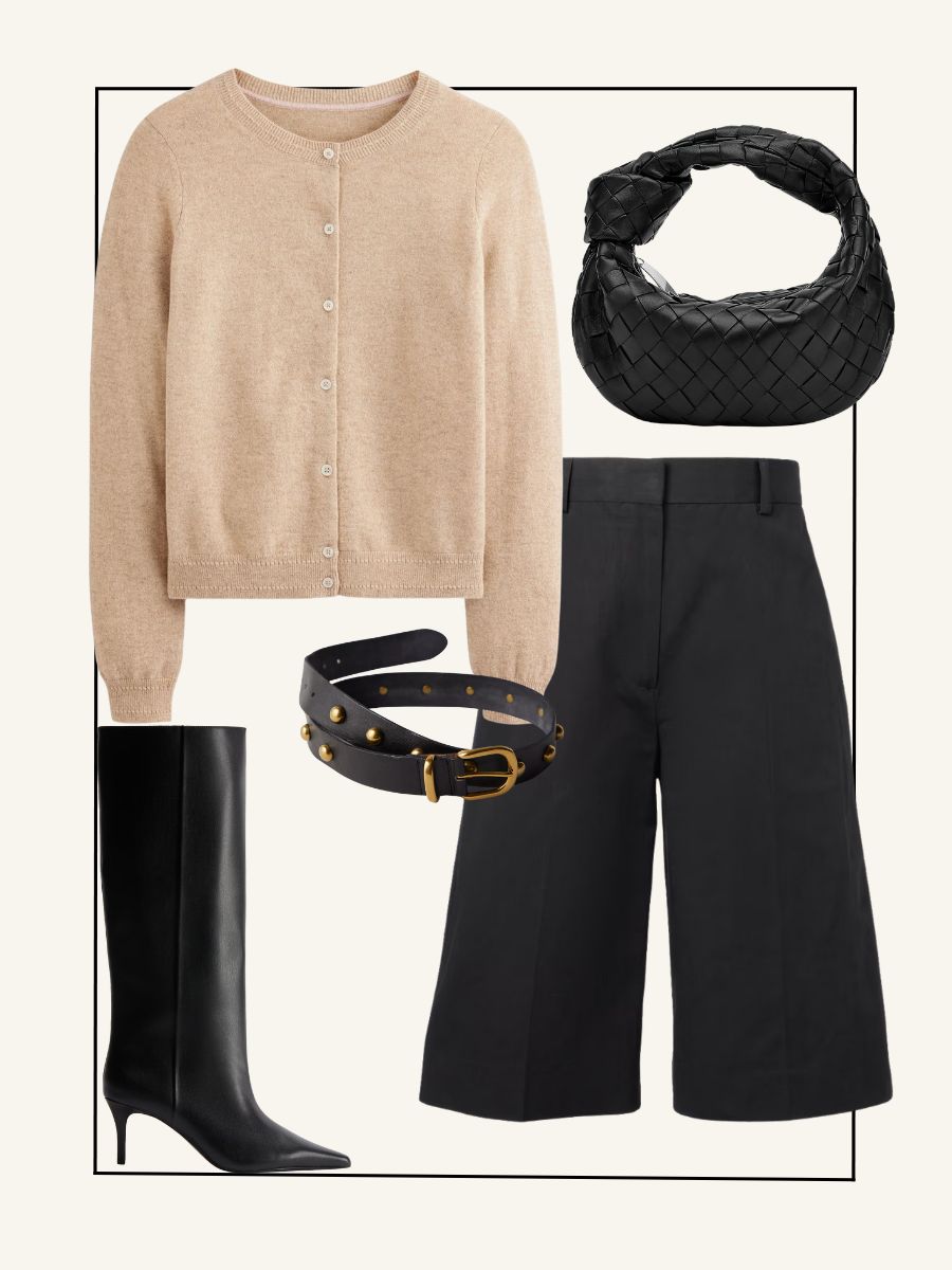 Boden cardigan, Toteme long shorts, H&M knee-high boots, Free People studded belt, Bottega Veneta Jodie bag