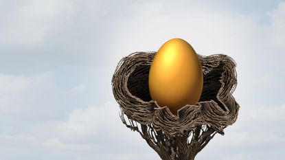 American Prosperity And Wealth as a gold egg representing the US economy or United states budget in a nest as a business symbol for business success and security.