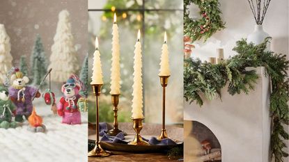 Selects from the Anthropologie Holiday Collection: Handmade Felt Bear Ornaments; Taper Candles; and a garland.