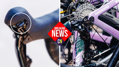 Two close up images of Shimano Dura-Ace, side by side, showing the shifter, derailleur and cassette, overlaid with a breaking news badge