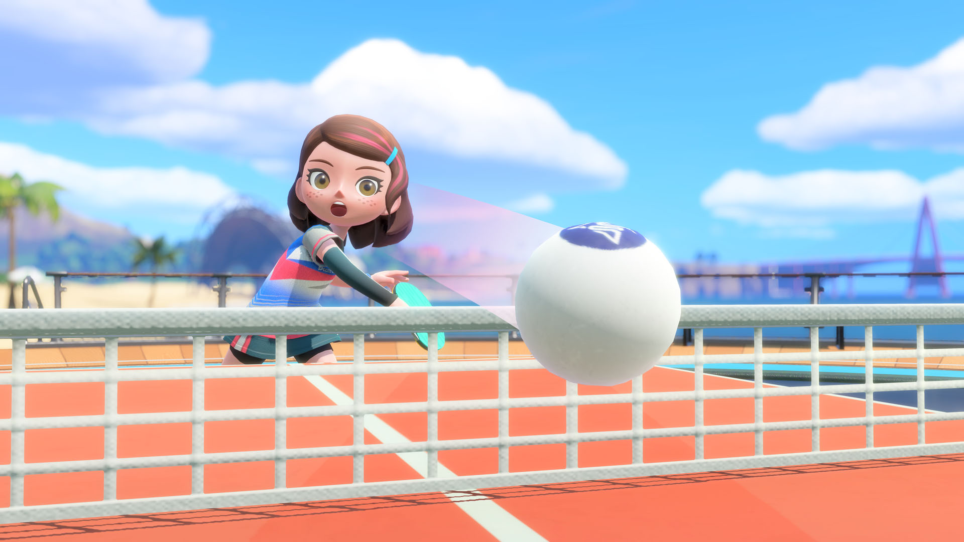 A player hits a ping pong ball with force in the Table Tennis sport in Nintendo Switch Sports Resort