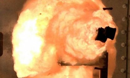 The Navy's electromagnetic railgun prototype can fire metal projectiles like this with 32 times the force of a car traveling at 100 miles per hour.