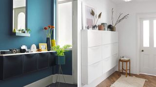 small hallways with wallmounted shoe storage to make the small room look bigger
