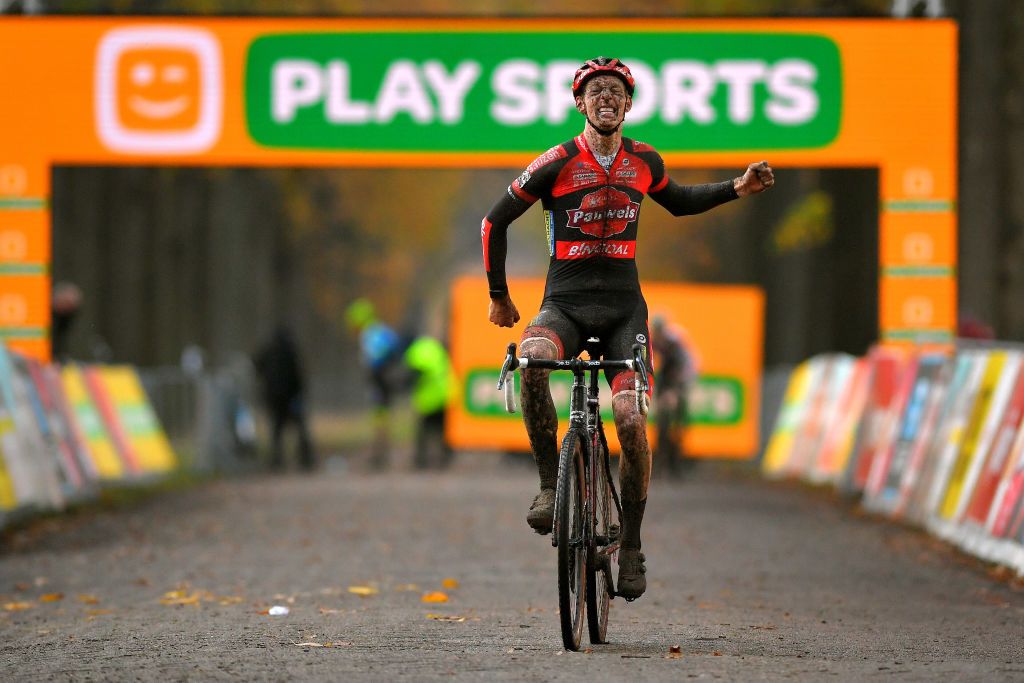 Michael Vanthourenhout celebrates victory in Merksplas